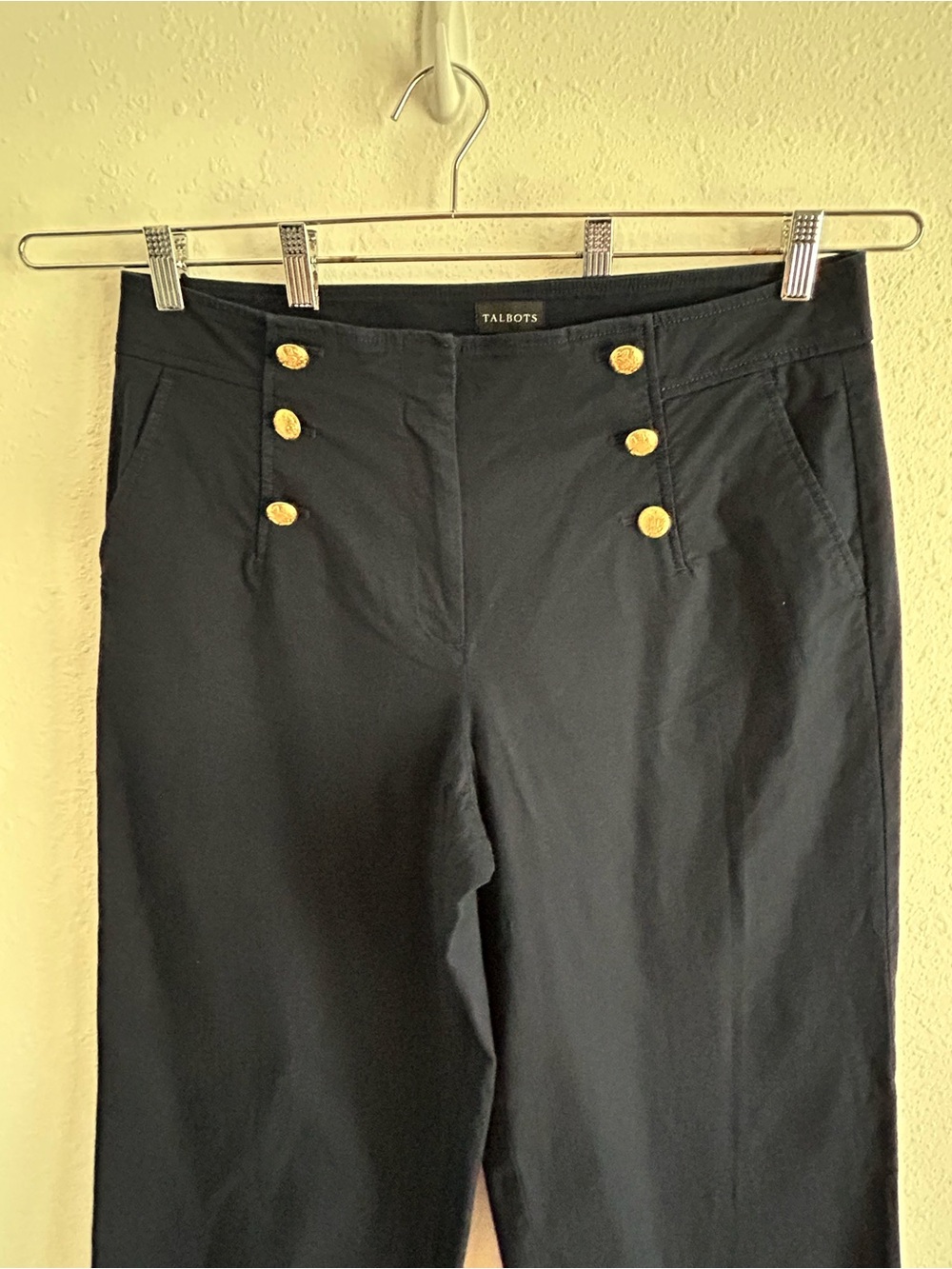 Talbots Wide Leg Cropped Pants Size 14 Navy Blue Nautical Gold Buttons Preppy - Picture 3 of 9